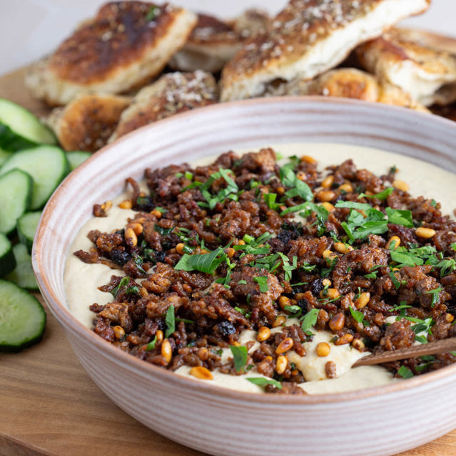 Recipe picture for Spicy Lamb Hummus with Za'atar flatbreads